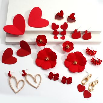 Pendientes De Flor De Arco De Corazón Rojo Exquisito De De 