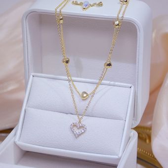 Gold Color Double Layer Heart Necklace Shining Bling AAA Z ~ 