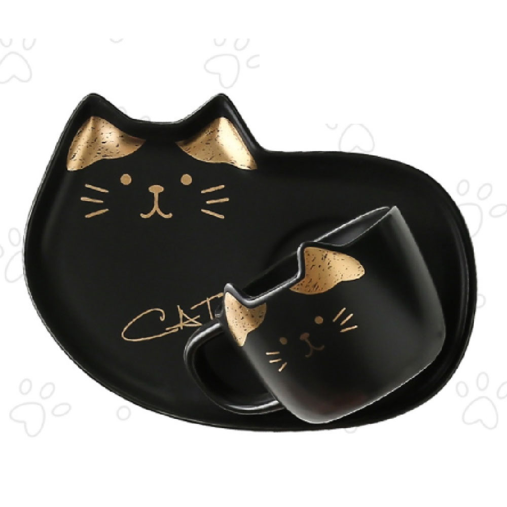 Set Taza y Plato de Céramica en Forma de Gato con Cuchara Negro