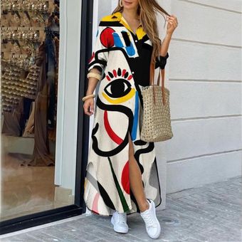 Vestido largo de camisa estampada manga moda para mujer-GraffitiB | Linio Colombia GE063FA0J5X51LCO