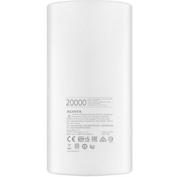 Bateria Adata P20000D 20000mAh Blanco USB Power Bank Cargador Portatil AP20000D-DGT-5V-CWH