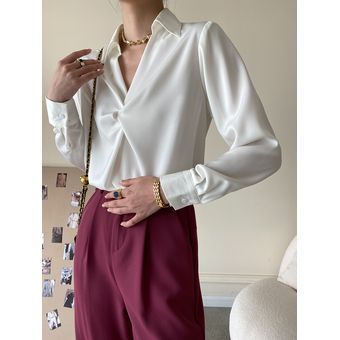 Blusas Mujer Camisa de francés con cuello en V y manga larga Blanco | Linio Colombia - GE063FA1HAKDRLCO