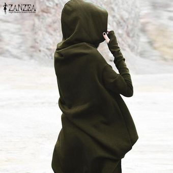 ZANZEA Otoño Las mujeres de manga larga con capucha suelta Kaftan capa de la chaqueta más el tamaño de vestido más del tamaño ejercito verde 